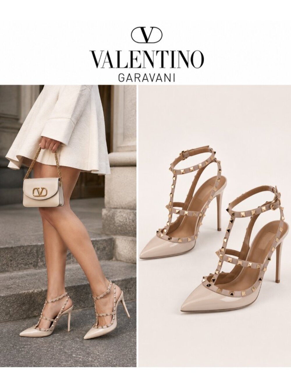 Valentino Garavani Rockstud Ivory Poudre Patent Leather Pumps Heels IT 36 US 6